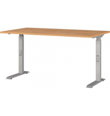 Schreibtisch DOWNEY, manuell höhenverstellbar, 68-91cm (H), 140x80cm (BxT), rechteckig, grandson-eiche / silber