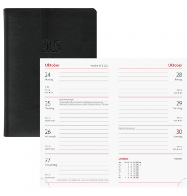 Taschenkalender 879-25-464, schwarz, 1 Woche / 2 Seiten, 9x15,6cm (A6), 2025