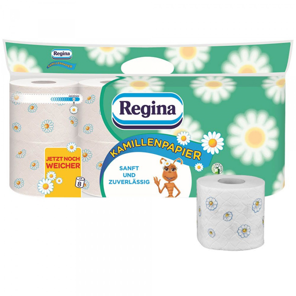 8004260414494 - Regina Toilettenpapier Kamillenpapier 3-lagig Saugstarkes Klopapier mit einem angenehmen Duft 1 Packung = 8 Rollen à 150 Blatt 8004260414494 - Regina Toilettenpapier Kamillenpapier 3-lagig Saugstarkes Klopapier mit einem angenehmen Duft 1 Packung = 8 Rollen à 150 Blatt