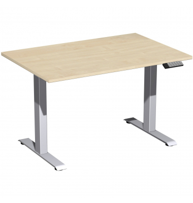Sitz-Steh-Schreibtisch Elevate Basic, elektrisch höhenverstellbar, 73-123cm (H), 120x80cm (BxT), rechteckig, ahorn / silber