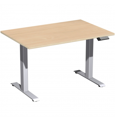 Sitz-Steh-Schreibtisch Elevate Basic, elektrisch höhenverstellbar, 73-123cm (H), 120x80cm (BxT), rechteckig, buche / silber