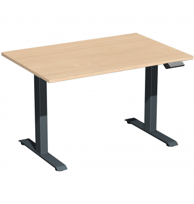 Sitz-Steh-Schreibtisch Elevate Basic, elektrisch höhenverstellbar, 73-123cm (H), 120x80cm (BxT), rechteckig, buche / anthrazit