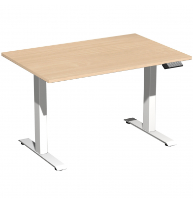 Sitz-Steh-Schreibtisch Elevate Basic, elektrisch höhenverstellbar, 73-123cm (H), 120x80cm (BxT), rechteckig, buche / weiß