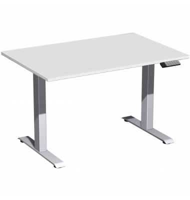 Sitz-Steh-Schreibtisch Elevate Basic, elektrisch höhenverstellbar, 73-123cm (H), 120x80cm (BxT), rechteckig, lichtgrau / silber