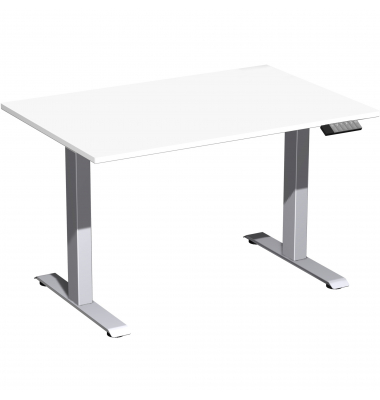 Sitz-Steh-Schreibtisch Elektro Elevate Basic, elektrisch h&ouml;henverstellbar, 73-123cm (H), 120x80cm (BxT), rechteckig, wei&szlig; / silb
