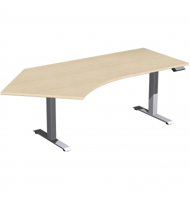 Sitz-Steh-Schreibtisch Elevate Basic, elektrisch höhenverstellbar, 73-123cm (H), 216,6x113cm (BxT), Freiform, ahorn / silber