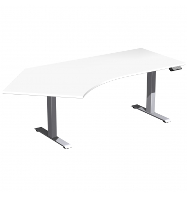 Sitz-Steh-Schreibtisch Elevate Basic, elektrisch höhenverstellbar, 73-123cm (H), 216,6x113cm (BxT), Freiform, weiß / silber