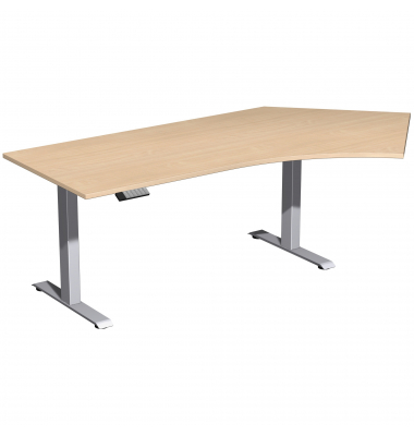 Sitz-Steh-Schreibtisch Elevate Basic, elektrisch höhenverstellbar, 73-123cm (H), 216,6x113cm (BxT), Freiform, buche / silber
