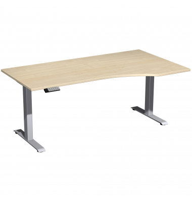 Sitz-Steh-Schreibtisch Elevate Basic, elektrisch höhenverstellbar, 73-123cm (H), 180x100cm (BxT), Freiform, ahorn / silber
