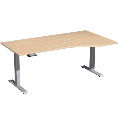 Sitz-Steh-Schreibtisch Elevate Basic, elektrisch höhenverstellbar, 73-123cm (H), 180x100cm (BxT), Freiform, buche / silber