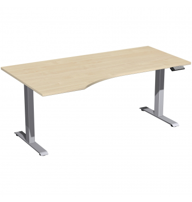 Sitz-Steh-Schreibtisch Elevate Basic, elektrisch höhenverstellbar, 73-123cm (H), 180x100cm (BxT), Freiform, ahorn / silber