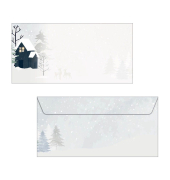 Weihnachtsumschl&auml;ge Eingeschneite H&uuml;tte im Winterwald Aquarell Cozy Christmas DU601, Din Lang, 90g