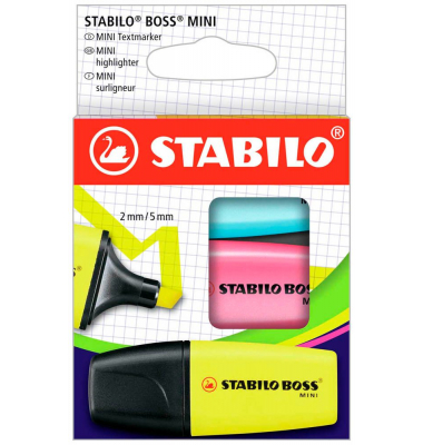 Textmarker BOSS MINI, 07/3-2-01, Pack, gelb, blau, pink, 2-5mm Keilspitze
