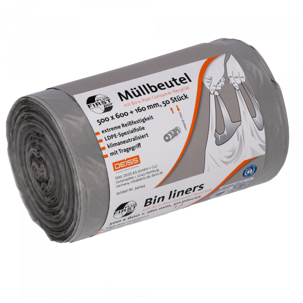 4001553700092 - FIRST PLUS Müllbeutel mit Tragegriff LDPE 14 µm grau B 500 x H 760 mm 30 Liter 1000 Stück