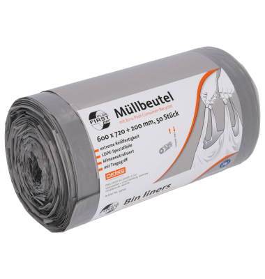 Müllbeutel 34045 First Plus PCR, grau, 60 Liter, mit Griff, extrastark