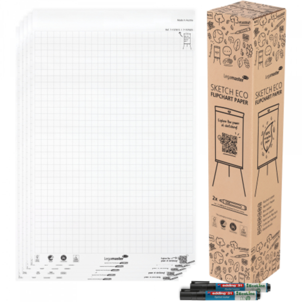 8713797111027 - AKTION Flipchart-Papier SKETCH ECO kariert 650 x 980 cm 20 Blatt 5 Blöcke + GRATIS 2x edding 31 EcoLine Flipchartmarker