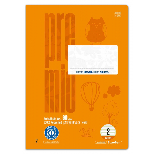 9001939834132 - Schulheft 040782002 PREMIO Lineatur 2   Schreiblern-Lineatur   keine A4 90g grün 16 Blatt   32 Seiten 9001939834132 Staufen