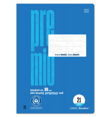 Schulheft 040782021 PREMIO, Lineatur 21 / Lineatur 21 / keine, A4, 90g, gr&uuml;n, 16 Blatt / 32 Seiten