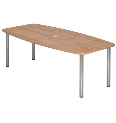 Konferenztisch VKT, manuell h&ouml;henverstellbar 72-74cm (H), 220cmx83-103cm (BxT), 8 Personen, Tonnenform, nussbaum / chrom