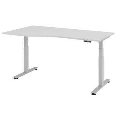 Sitz-Steh-Schreibtisch VXDSM, elektrisch h&ouml;henverstellbar, 63,5-128,5cm (H), 180x100cm (BxT), Trapezform, lichtgrau / silber