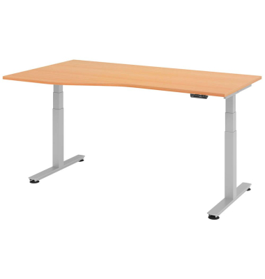 Sitz-Steh-Schreibtisch VXDSM, elektrisch h&ouml;henverstellbar, 63,5-128,5cm (H), 180x100cm (BxT), Trapezform, buche / silber