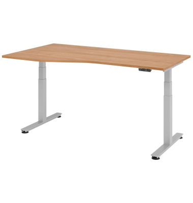 Sitz-Steh-Schreibtisch VXDSM, elektrisch h&ouml;henverstellbar, 63,5-128,5cm (H), 180x100cm (BxT), Trapezform, nussbaum / silber