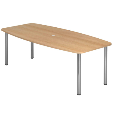 Konferenztisch VKT, manuell h&ouml;henverstellbar 72-74cm (H), 220cmx83-103cm (BxT), 8 Personen, Tonnenform, eiche / chrom
