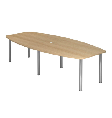 Konferenztisch, manuell höhenverstellbar 72-74cm (H), 280cmx85-130cm (BxT), 10 Personen, Tonnenform, eiche / chrom