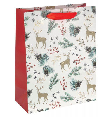 Geschenktasche GT121 Christmas motifs watercolor Large, Weihnachten, mit Schleifenband, Hirsche/Zweige, 26cm x 33cm