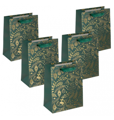 Geschenktasche GT119 Golden ornaments on green, Weihnachten, mit Schleifenband, Goldene Ornamente, 18cm x 23cm