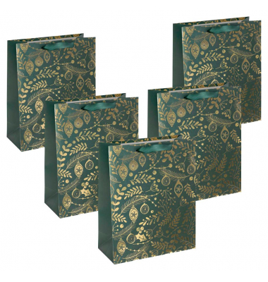Geschenktasche GT118 Golden ornaments on green, Weihnachten, mit Schleifenband, Goldene Ornamente, 26cm x 32cm