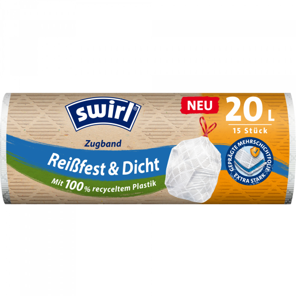 4008871219053 - Swirl Muellbeutel Reissfest und Dicht 20 Liter mit Zugband weiss und blickdicht 45 x 50 cm aus 80 Prozent recyceltem Plastik 15 Beutel