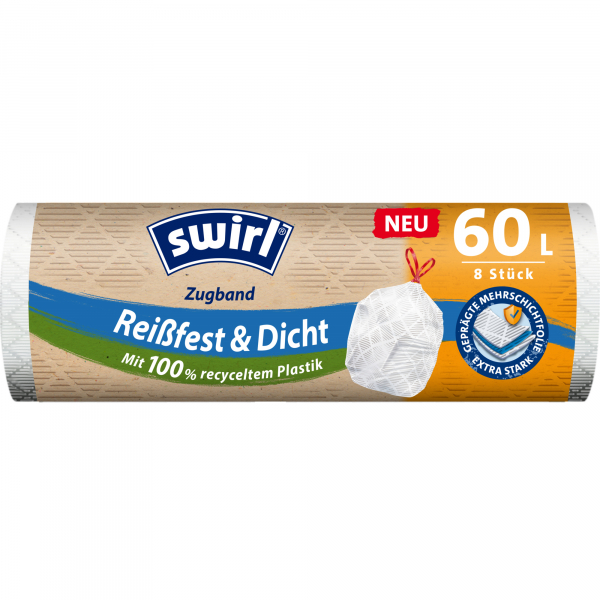 4008871219077 - Swirl Müllbeutel Reißfest & Dicht 60 Liter mit Zugband weiss blickdicht 68 x 73 cm aus 80 Prozent recyceltem Plastik 8 Stück