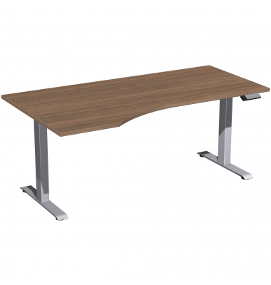 Schreibtisch Elevate Basic, elektrisch h&ouml;henverstellbar, 73-123cm (H), 180x100cm (BxT), Freiform, nussbaum / silber