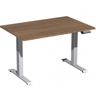 Schreibtisch Elevate Plus, elektrisch h&ouml;henverstellbar, 63-128cm (H), 120x80cm (BxT), rechteckig, nussbaum / silber