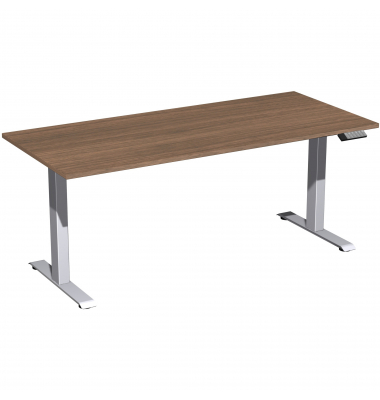 Schreibtisch Elevate Plus, elektrisch h&ouml;henverstellbar, 63-128cm (H), 180x80cm (BxT), rechteckig, nussbaum / silber