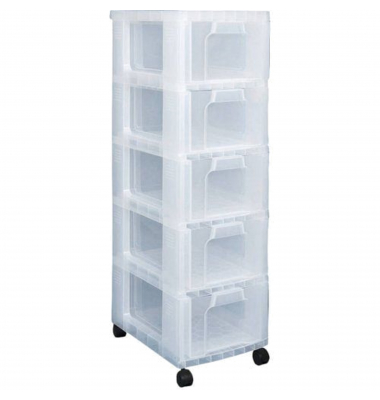 Aufbewahrungsbox Turm mit Rollen DT3526, 5x12 Liter, mit Deckel, au&szlig;en 420x300x1005mm, Polypropylen (PP) transparent