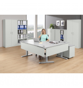 Schreibtisch FLEX MODUL, elektrisch h&ouml;henverstellbar, 60,5-125,5cm (H), 180/140x80cm (BxT), Freiform, lichtgrau / silber