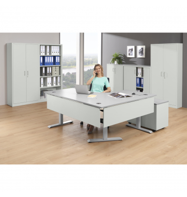 Schreibtisch Flex Modul, elektrisch höhenverstellbar, 60,5-125,5cm (H), 180cm und 140x80cm (BxT), Freiform, lichtgrau / silber