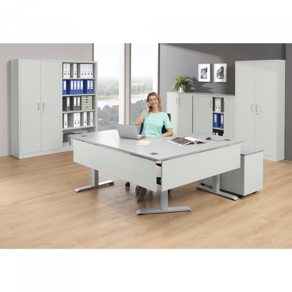 4003969162150 - Schreibtisch Flex Modul 810076581 elektrisch höhenverstellbar 180cm und 140x80cm (BxT) Freiform lichtgrau   silber 400396916