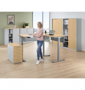 Schreibtisch FLEX MODUL, elektrisch h&ouml;henverstellbar, 60,5-125,5cm (H), 180/140x80cm (BxT), Freiform, buche / silber