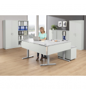 Schreibtisch FLEX MODUL, elektrisch h&ouml;henverstellbar, 60,5-125,5cm (H), 180/140x80cm (BxT), Freiform, lichtgrau / silber