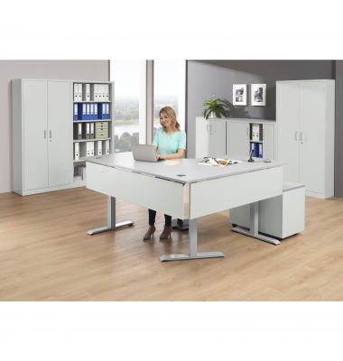 Schreibtisch FLEX MODUL, elektrisch h&ouml;henverstellbar, 60,5-125,5cm (H), 180/140x80cm (BxT), Freiform, lichtgrau / silber