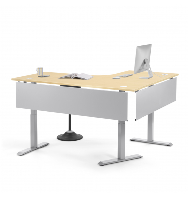 Schreibtisch FLEX MODUL, elektrisch h&ouml;henverstellbar, 60,5-125,5cm (H), 180/140x80cm (BxT), Freiform, ahorn / silber