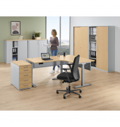 Schreibtisch Flex Modul, elektrisch höhenverstellbar, 60,5-125,5cm (H), 180cm und 140x80cm (BxT), Freiform, buche / silber