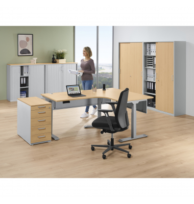 Schreibtisch FLEX MODUL, elektrisch h&ouml;henverstellbar, 60,5-125,5cm (H), 180/140x80cm (BxT), Freiform, buche / silber