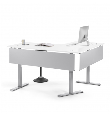 Schreibtisch FLEX MODUL, elektrisch h&ouml;henverstellbar, 60,5-125,5cm (H), 180/140x80cm (BxT), Freiform, wei&szlig; / silber