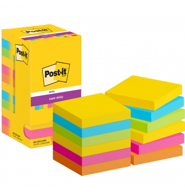 Haftnotizen 654-12SS-CARN, Super Sticky Notes Carnival Collection, 76x76mm, ultragelb/paradiseblau/limonengrün/powerpink/vitalor
