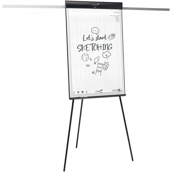 8713797111058 - Flipchart Sketch Pro magnetische Tafel höhenverstellbar 2 Seitenarme Dreibein-Fuß inkl Starterset B 680 x H 1050 mm schwarz-weiß