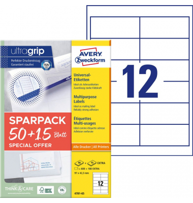 Etiketten ultragrip 4781-65, wei&szlig;, 97x42,3mm, rechteckig